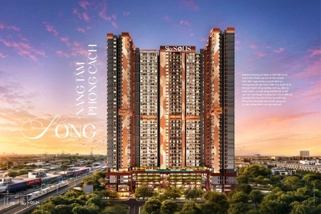 Phối cảnh tổng thể dự án căn hộ SkySOLIS mặt tiền Quốc lộ 13 | Overall render of the SkySOLIS apartment project fronting National Highway 13
