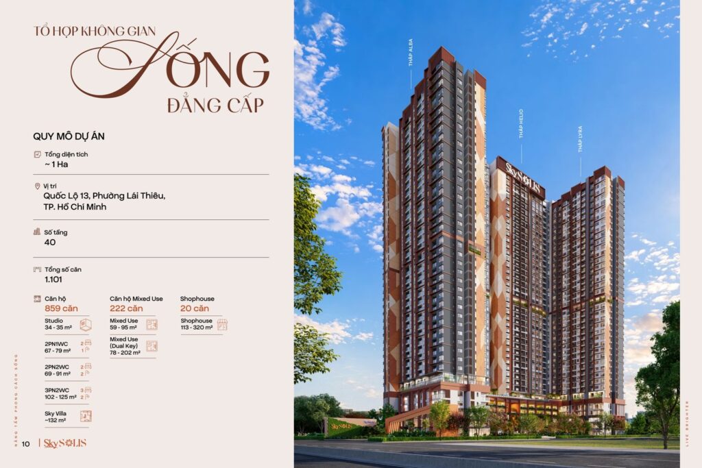 Quy mô SkySOLIS gồm ba tháp Alba, Helio, Lyra cao 40 tầng với 1.101 sản phẩm | SkySOLIS scale: three 40-storey towers Alba, Helio and Lyra with 1,101 units