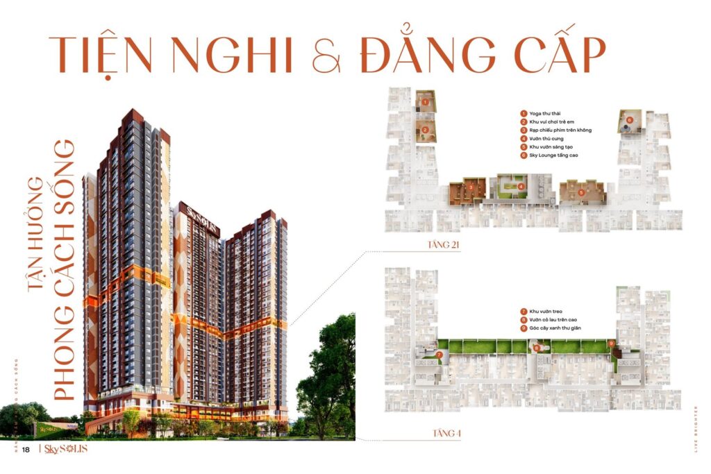 Tiện ích tầng 4 và tầng 21 SkySOLIS gồm vườn treo và rạp chiếu phim trên không | SkySOLIS level 4 and level 21 amenities including sky gardens and the open-air cinema