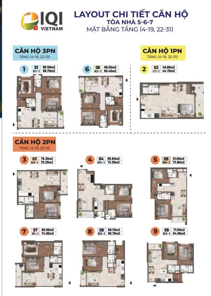 Layout chi tiết 9 loại căn hộ 1PN, 2PN và 3PN tại tòa 5-6-7 The Privé, diện tích 49,8 - 98,5 m2 | Detailed layouts of 9 apartment types 1BR, 2BR and 3BR at The Prive towers 5-6-7, 49.8 - 98.5 sqm