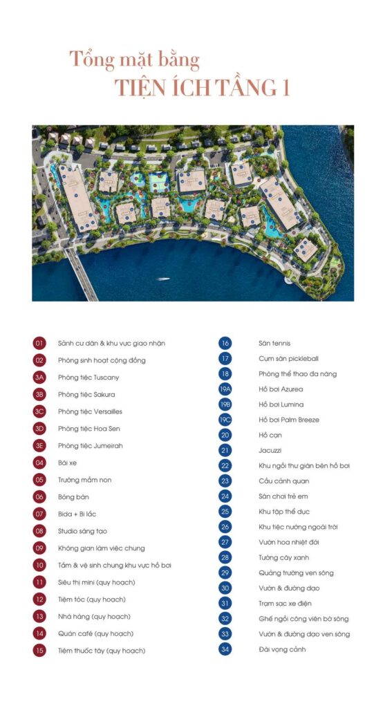 Tổng mặt bằng tiện ích tầng 1 The Privé với 34 hạng mục gồm hồ bơi Azurea, sân tennis, cụm pickleball và vườn ven sông | The Prive ground floor amenities plan with 34 facilities including Azurea pool, tennis court, pickleball courts and riverside garden