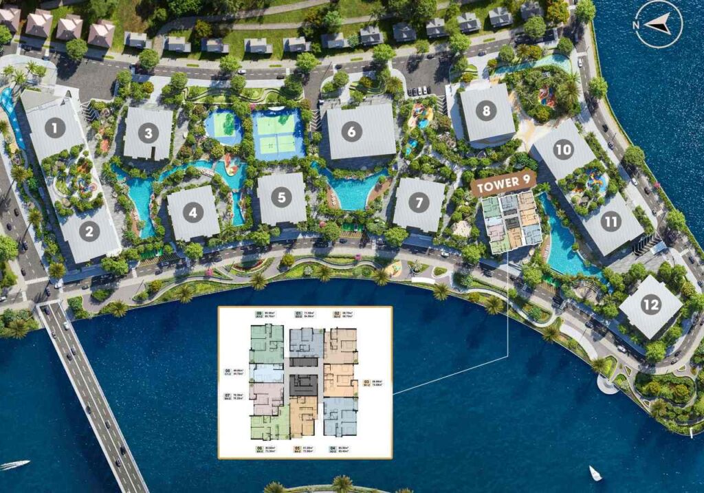 Sơ đồ tổng mặt bằng 12 tòa tháp The Privé ven sông Rạch Chiếc | Site plan of The Privé's 12 towers along Rach Chiec river