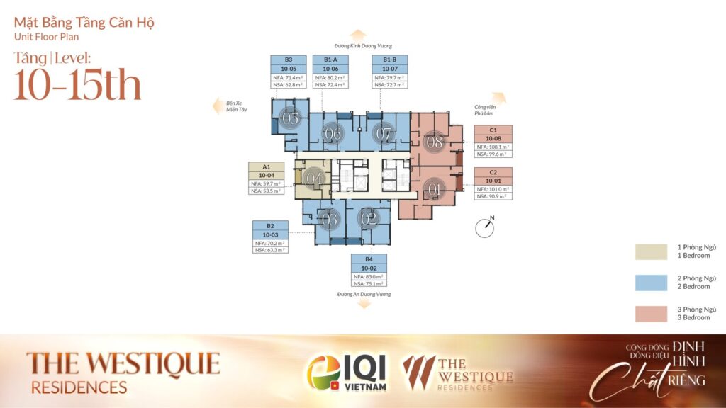 Mặt bằng tầng điển hình 10-15 The Westique Residences | Typical floor plate levels 10-15 at The Westique