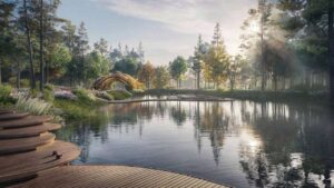 Hồ cảnh quan Haus Đà Lạt với cầu gỗ và sân khấu nổi trên mặt nước | Haus Da Lat landscape lake with timber bridge and floating stage