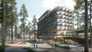 Phối cảnh mặt đứng Haus Residences với ban công xếp so le như vảy quả thông do Kengo Kuma thiết kế | Render of the Haus Residences façade with staggered pinecone-scale balconies by Kengo Kuma