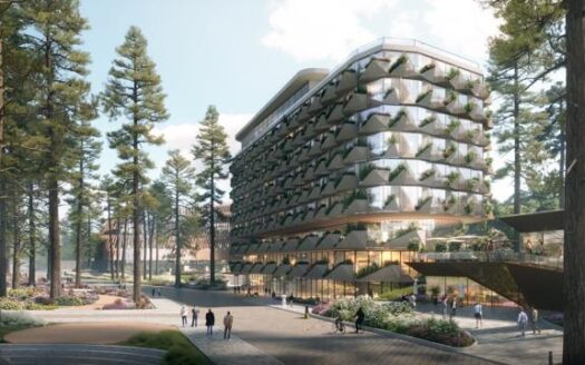 Phối cảnh mặt đứng Haus Residences với ban công xếp so le như vảy quả thông do Kengo Kuma thiết kế | Render of the Haus Residences façade with staggered pinecone-scale balconies by Kengo Kuma