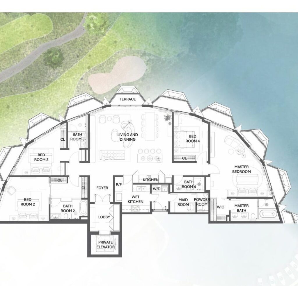 Mặt bằng căn Sky Mansion 4 phòng ngủ 273,1 m² thang máy riêng view toàn cảnh hồ tại Haus Đà Lạt | Floor plan of the 273.1 m² four-bedroom Sky Mansion with private lift and panoramic lake view at Haus Da Lat
