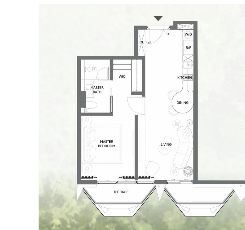 Mặt bằng căn Sky Villa 1 phòng ngủ 57,6 m² tại Haus Đà Lạt | Floor plan of the 57.6 m² one-bedroom Sky Villa at Haus Da Lat