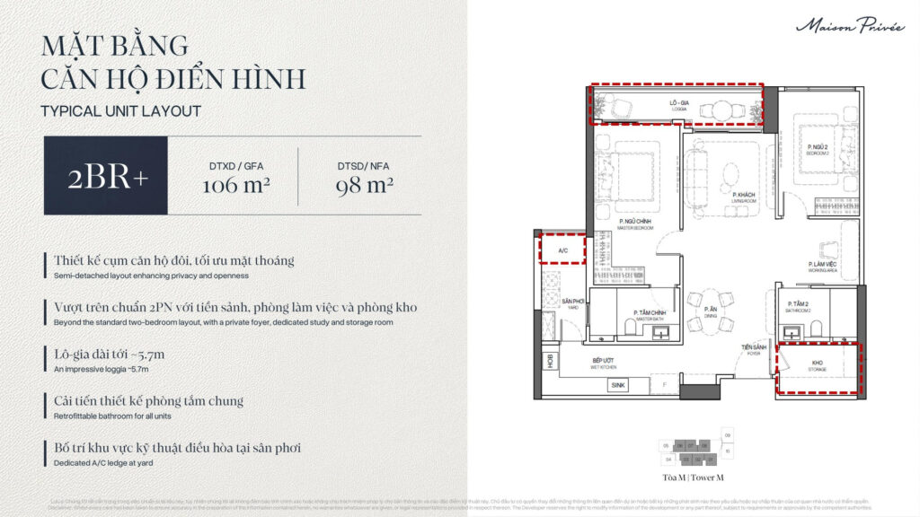 Mặt bằng căn hộ 2 phòng ngủ khoảng 98 m² thông thuỷ tại toà M Maison Privée, thiết kế cụm căn đôi | Two-bedroom layout of about 98 sqm net in tower M at Maison Privée, semi-detached cluster design
