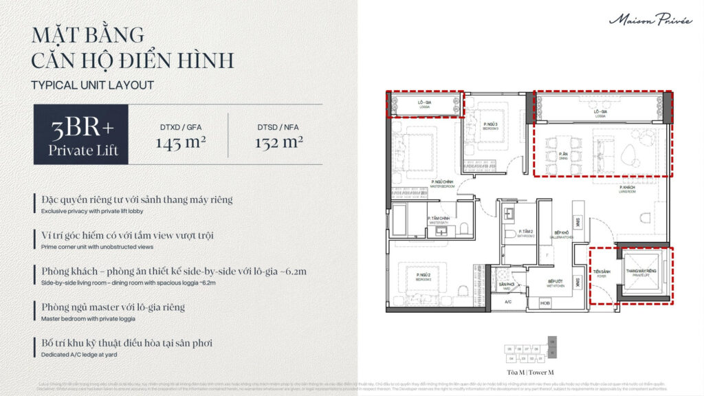 Mặt bằng căn 3 phòng ngủ khoảng 132 m² thông thuỷ có sảnh thang máy riêng tại toà M Maison Privée | Three-bedroom layout of about 132 sqm net with a private lift lobby in tower M at Maison Privée