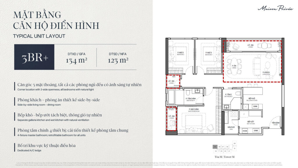 Mặt bằng căn 3 phòng ngủ khoảng 123 m² thông thuỷ tại toà M Maison Privée, căn góc ba mặt thoáng | Three-bedroom layout of about 123 sqm net in tower M at Maison Privée, corner unit open on three sides