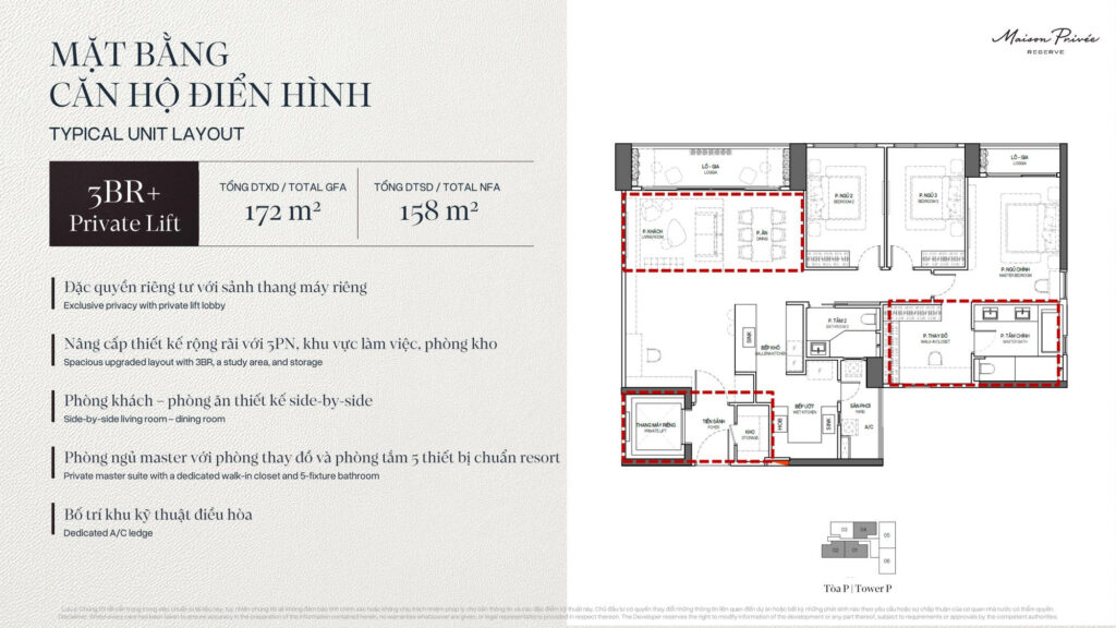 Mặt bằng căn 3 phòng ngủ khoảng 158 m² thông thuỷ tại toà P Maison Privée, có sảnh thang máy riêng | Three-bedroom layout of about 158 sqm net in tower P at Maison Privée with a private lift lobby