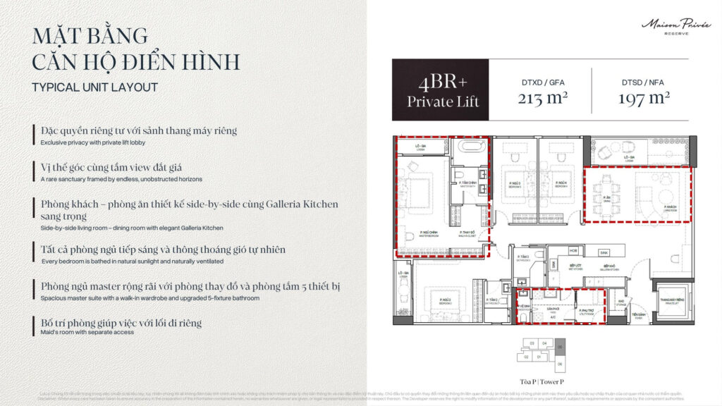 Mặt bằng căn 4 phòng ngủ khoảng 197 m² thông thuỷ tại toà P Maison Privée, có phòng giúp việc lối đi riêng | Four-bedroom layout of about 197 sqm net in tower P at Maison Privée with a maid room and separate access