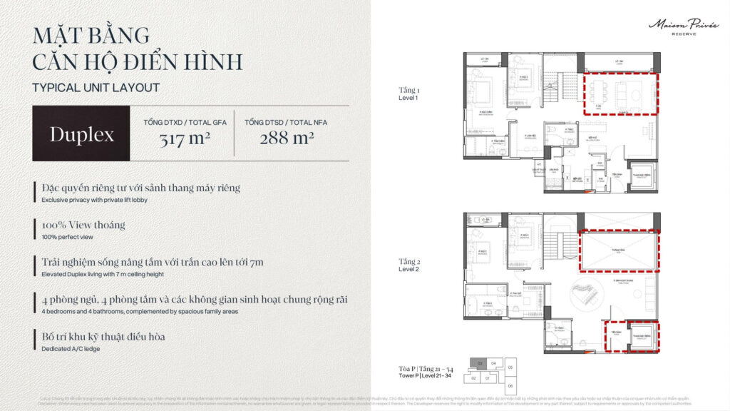 Mặt bằng căn Duplex hai tầng khoảng 288 m² thông thuỷ tại toà P Maison Privée, trần cao tới 7 m | Two-storey duplex layout of about 288 sqm net in tower P at Maison Privée with ceilings up to 7 m