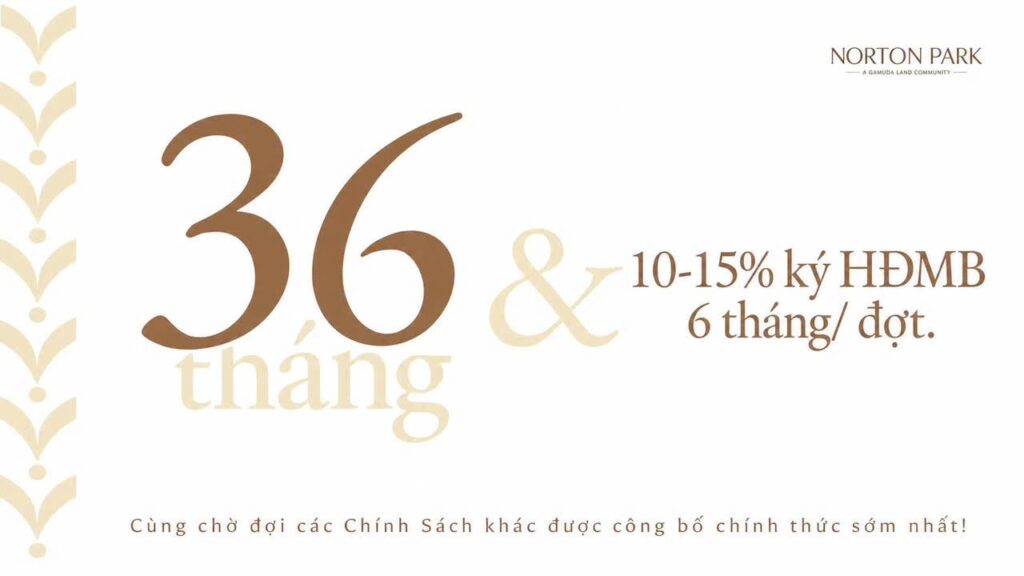 Slide chính sách thanh toán dự kiến Norton Park: 36 tháng, ký hợp đồng mua bán 10–15%, 6 tháng mỗi đợt | Norton Park indicative payment slide: 36 months, 10–15% at SPA signing, one instalment every 6 months