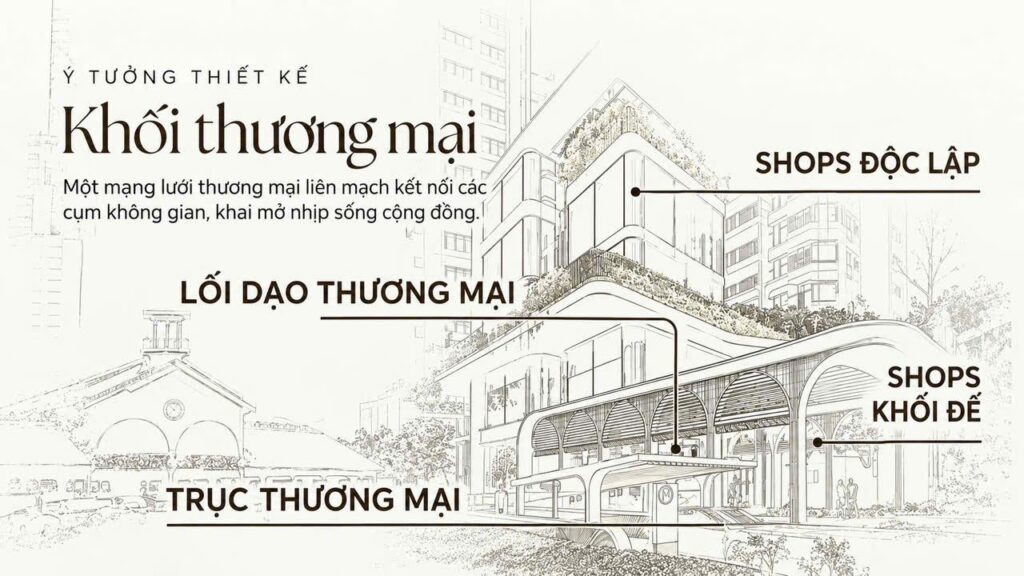 Ý tưởng thiết kế khối thương mại Norton Park: shop độc lập, lối dạo thương mại, trục thương mại và shop khối đế | Norton Park retail concept: standalone shops, retail promenade, commercial spine and podium shops