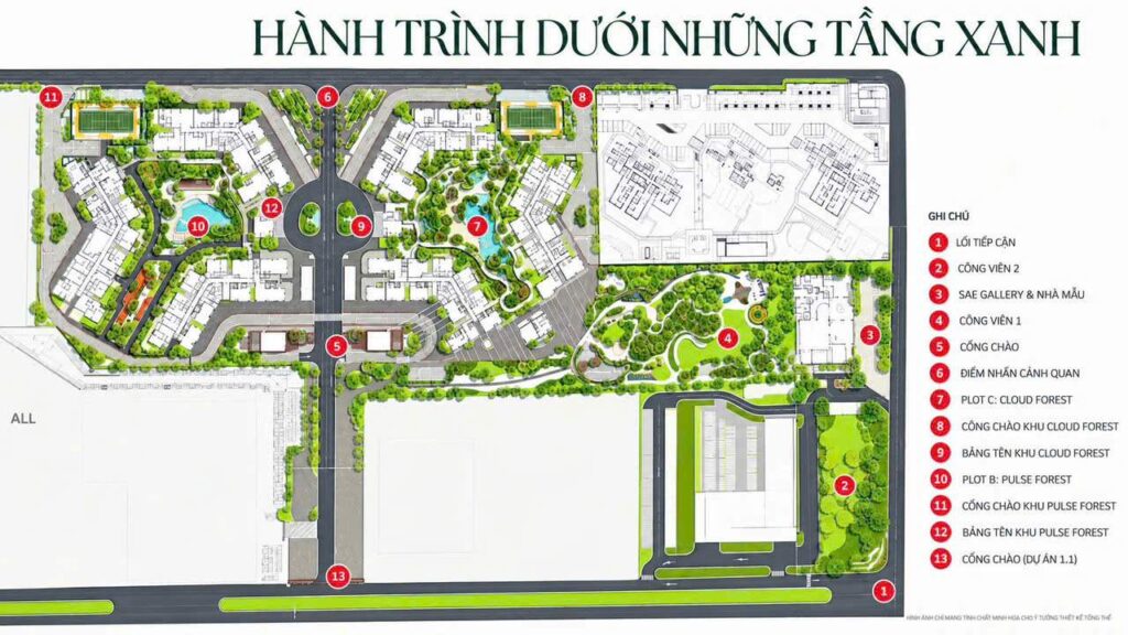 Mặt bằng tổng thể Norton Park với hai phân khu Pulse Forest (Plot B) và Cloud Forest (Plot C), hai công viên và sale gallery | Norton Park master plan showing Pulse Forest (Plot B) and Cloud Forest (Plot C), two parks and the sales gallery