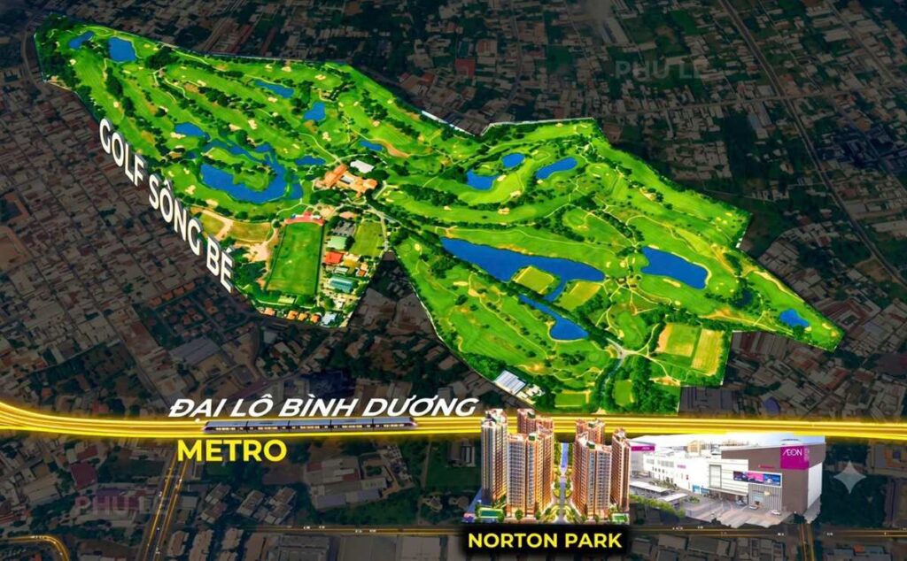 Sơ đồ vị trí Norton Park trên Đại lộ Bình Dương, cạnh AEON Mall Bình Dương Canary, tuyến metro theo quy hoạch phía trước và sân golf Sông Bé đối diện | Norton Park location map on Binh Duong Boulevard next to AEON Mall Binh Duong Canary, the planned metro line in front and Song Be golf course opposite