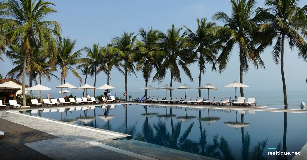 Infinity pool with palm trees by the sea