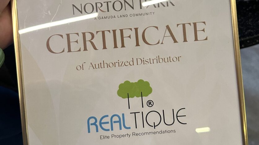 Chứng nhận Realtique là đại lý phân phối chính thức Norton Park do Gamuda Land Việt Nam cấp | Realtique Certificate of Authorized Distributor for Norton Park, Gamuda Land Vietnam