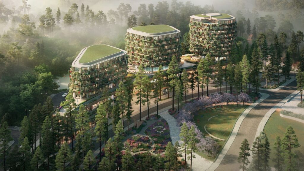 Phối cảnh ba toà Haus Residences giữa rừng thông | Haus Da Lat: the three Haus Residences towers among pine trees