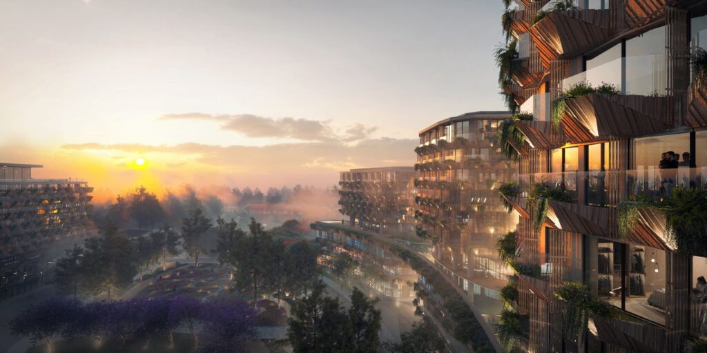 Ban công vảy thông của Haus Residences lúc hoàng hôn | Pine-cone balconies of Haus Residences at sunset