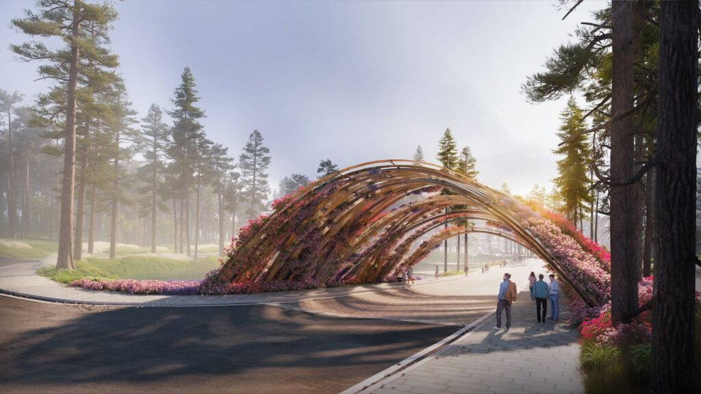 Cổng hoa Kengo Kuma ở lối vào công viên Haus Đà Lạt lúc ban ngày | Kengo Kuma flower gate at the Haus Da Lat park entrance by day