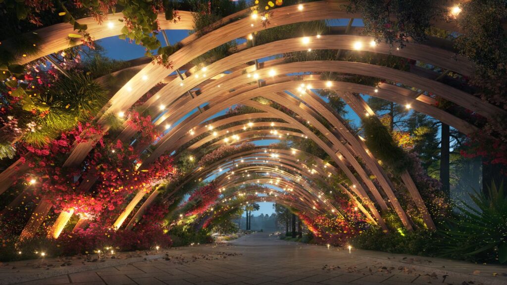 Cổng hoa Haus Đà Lạt về đêm với ánh sáng Isometrix | Haus Da Lat flower gate at night, lit by Isometrix