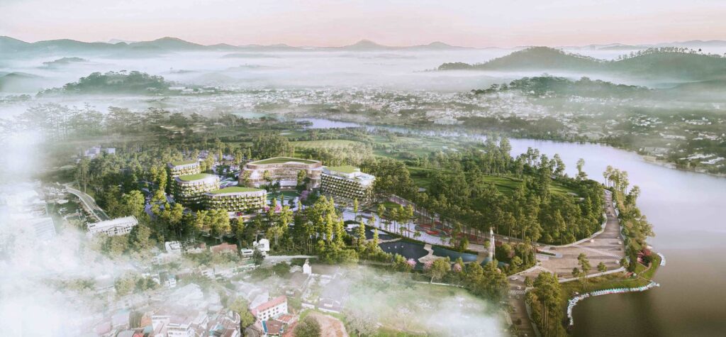 Phối cảnh toàn khu Haus Đà Lạt bên hồ Xuân Hương trong sương sớm | Aerial view of Haus Da Lat beside Xuan Huong Lake in morning mist