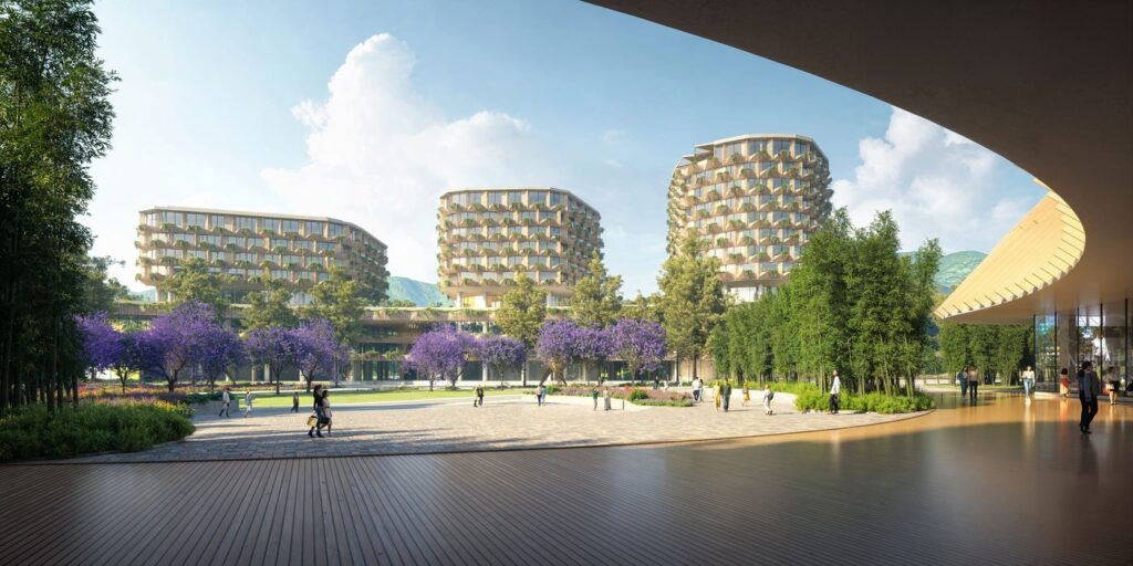 Quảng trường trung tâm và ba toà Haus Residences nhìn từ dưới mái hiên | Central plaza and the three Haus Residences towers seen from under the canopy