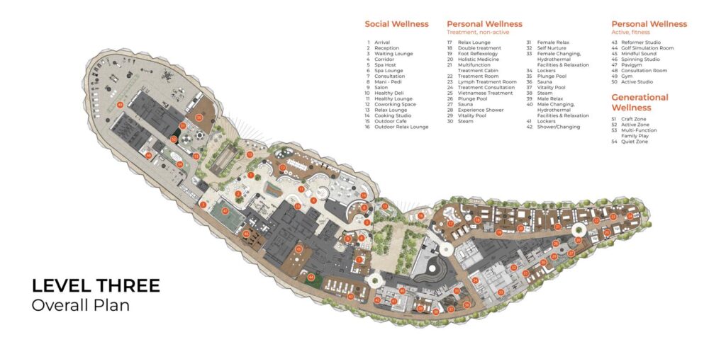 Mặt bằng tầng 3 Haus Wellness Center by Chiva-Som với 54 hạng mục trong bốn vùng | Level 3 plan of the Haus Wellness Center by Chiva-Som: 54 numbered spaces in four zones