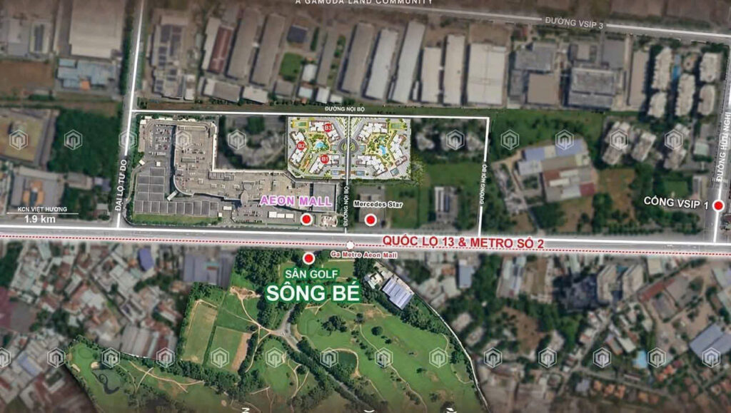 Bản đồ vệ tinh Norton Park: cạnh AEON Mall, Quốc lộ 13 và metro phía trước, sân golf Sông Bé đối diện, cổng VSIP 1, KCN Việt Hương 1,9 km | Norton Park satellite map: next to AEON Mall, Highway 13 and the metro in front, Song Be golf opposite, VSIP 1 gate, Viet Huong industrial park 1.9 km