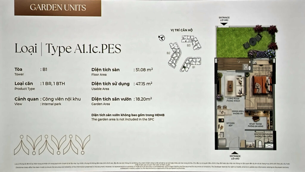 Căn hộ sân vườn 1PN Norton Park Type A1.1c.PES tháp B1: sử dụng 47,15 m², sân vườn 18,20 m² | Norton Park 1BR garden unit Type A1.1c.PES, Tower B1: 47.15 m² usable, 18.20 m² garden