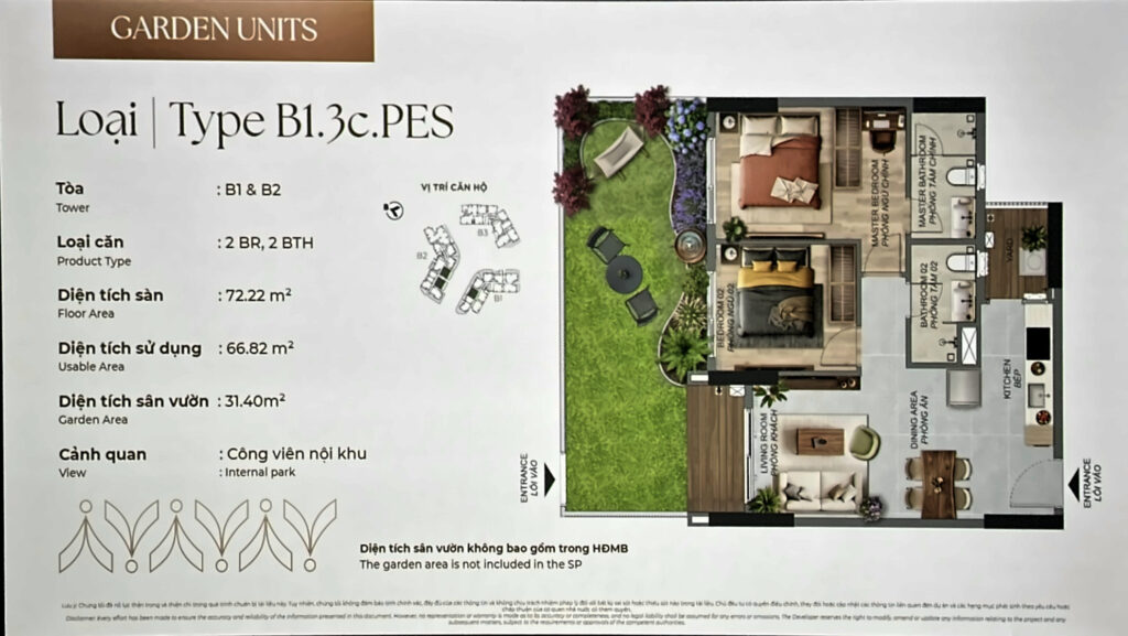 Căn hộ sân vườn 2PN Norton Park Type B1.3c.PES tháp B1 và B2: sử dụng 66,82 m², sân vườn 31,40 m² | Norton Park 2BR garden unit Type B1.3c.PES, Towers B1 & B2: 66.82 m² usable, 31.40 m² garden