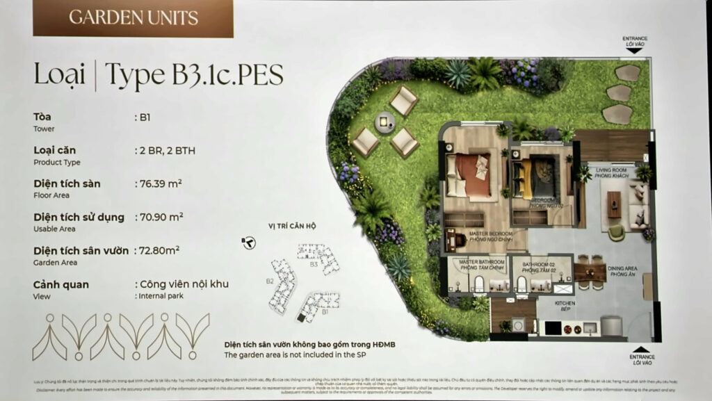 Căn hộ sân vườn 2PN Norton Park Type B3.1c.PES tháp B1: sử dụng 70,90 m², sân vườn 72,80 m² ôm ba mặt | Norton Park 2BR garden unit Type B3.1c.PES, Tower B1: 70.90 m² usable, 72.80 m² wrap-around garden