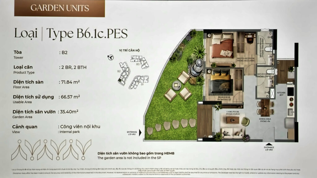 Căn hộ sân vườn 2PN Norton Park Type B6.1c.PES tháp B2: sử dụng 66,57 m², sân vườn 35,40 m² | Norton Park 2BR garden unit Type B6.1c.PES, Tower B2: 66.57 m² usable, 35.40 m² garden