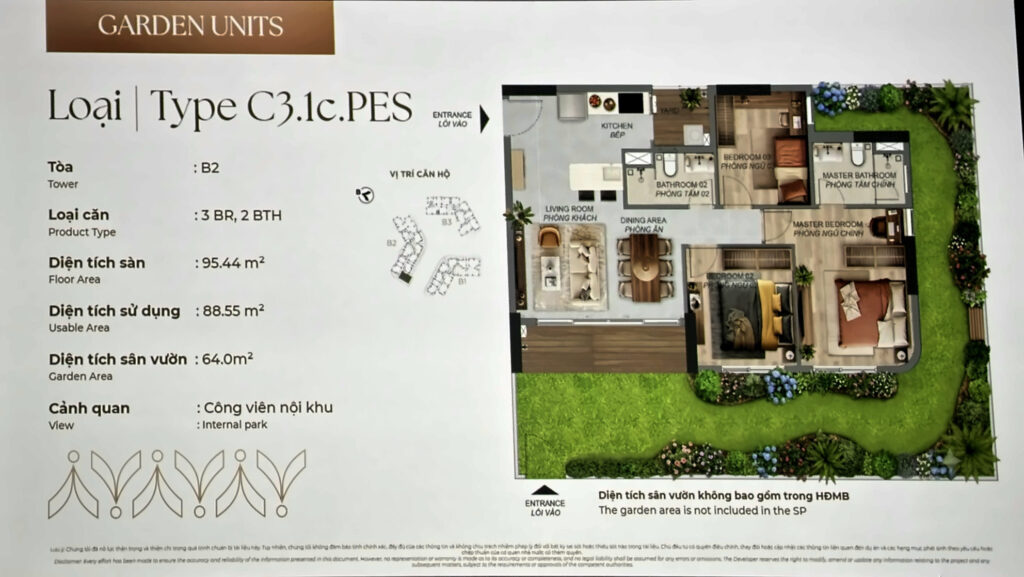 Căn hộ sân vườn 3PN Norton Park Type C3.1c.PES tháp B2: sử dụng 88,55 m², sân vườn 64 m² | Norton Park 3BR garden unit Type C3.1c.PES, Tower B2: 88.55 m² usable, 64 m² garden