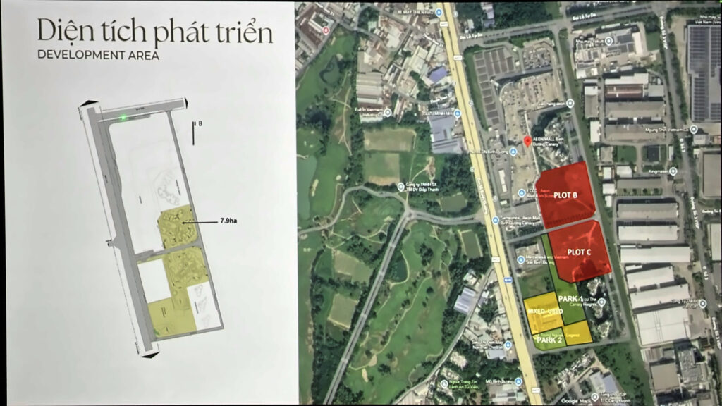 Slide diện tích phát triển Norton Park: Plot B, Plot C, Park 1, Park 2 và khu hỗn hợp trong tổng thể 7,9 ha cạnh AEON Mall | Norton Park development area slide: Plot B, Plot C, Park 1, Park 2 and mixed-use within 7.9 ha next to AEON Mall