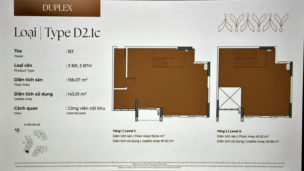 Duplex 3PN Norton Park Type D2.1c tháp B3: sàn 156,07 m², sử dụng 143,01 m² trên hai tầng | Norton Park 3BR duplex Type D2.1c, Tower B3: 156.07 m² floor, 143.01 m² usable over two levels