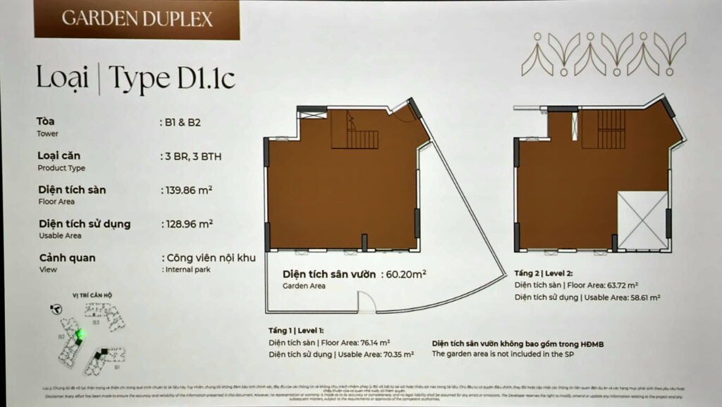 Duplex sân vườn 3PN Norton Park Type D1.1c tháp B1 và B2: sử dụng 128,96 m², sân vườn 60,20 m² | Norton Park 3BR garden duplex Type D1.1c, Towers B1 & B2: 128.96 m² usable, 60.20 m² garden