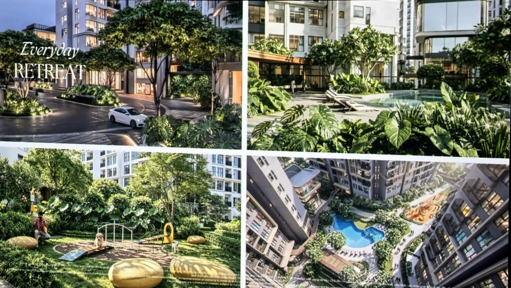 Bốn phối cảnh tiện ích Norton Park: lối vào rợp cây, hồ bơi sân trong, sân chơi thú cưng, sân trong nhìn từ trên cao | Four Norton Park amenity renders: tree-lined entry, courtyard pool, pet play area, courtyard from above