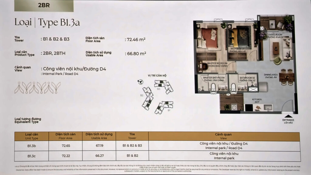 Layout căn 2PN Norton Park Type B1.3a (cả ba tháp): sàn 72,46 m², sử dụng 66,80 m² | Norton Park 2BR Type B1.3a (all three towers): 72.46 m² floor, 66.80 m² usable