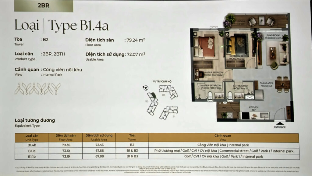 Layout căn 2PN Norton Park Type B1.4a tháp B2: sàn 79,24 m², sử dụng 72,07 m², ban công bo cong | Norton Park 2BR Type B1.4a, Tower B2: 79.24 m² floor, 72.07 m² usable, curved balcony