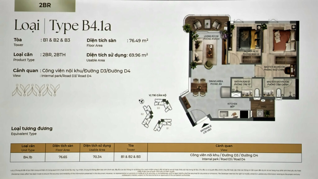 Layout căn 2PN Norton Park Type B4.1a cạnh sảnh thang: sàn 76,49 m², sử dụng 69,96 m², ban công Juliet | Norton Park 2BR Type B4.1a by the lift lobby: 76.49 m² floor, 69.96 m² usable, Juliet balcony