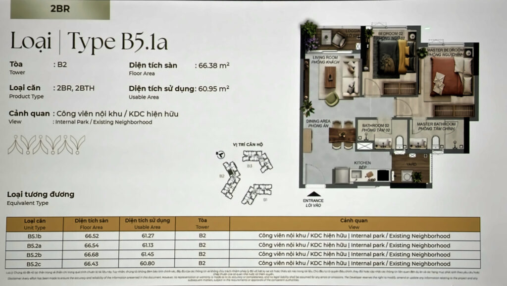 Layout căn 2PN Norton Park Type B5.1a tháp B2: sàn 66,38 m², sử dụng 60,95 m² | Norton Park 2BR Type B5.1a, Tower B2: 66.38 m² floor, 60.95 m² usable