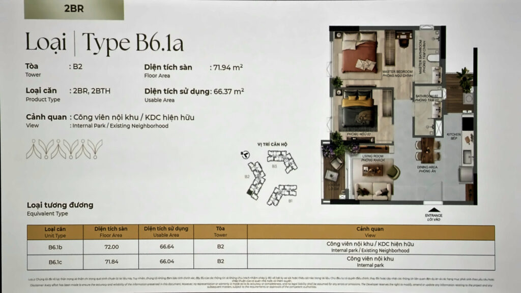 Layout căn 2PN Norton Park Type B6.1a tháp B2: sàn 71,94 m², sử dụng 66,37 m², phát triển theo chiều ngang | Norton Park 2BR Type B6.1a, Tower B2: 71.94 m² floor, 66.37 m² usable, wide-frontage plan