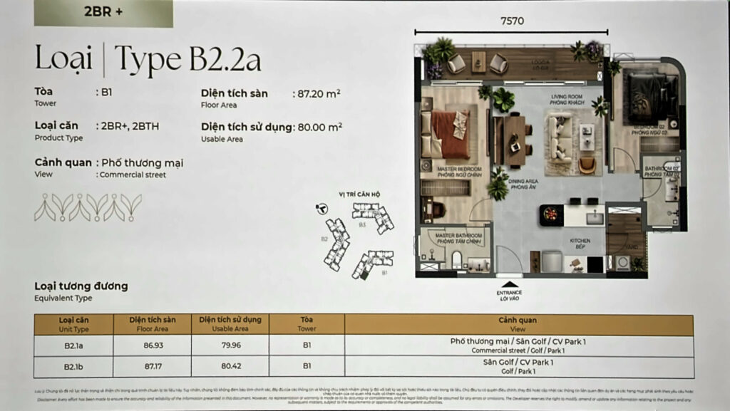 Layout căn 2PN+ Norton Park Type B2.2a tháp B1: sàn 87,20 m², sử dụng 80,00 m², ban công dài 7,57 m | Norton Park 2BR+ Type B2.2a, Tower B1: 87.20 m² floor, 80.00 m² usable, 7.57 m balcony