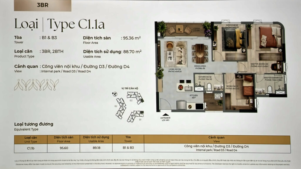 Layout căn 3PN Norton Park Type C1.1a tháp B1 và B3: sàn 95,36 m², sử dụng 88,70 m² | Norton Park 3BR Type C1.1a, Towers B1 & B3: 95.36 m² floor, 88.70 m² usable