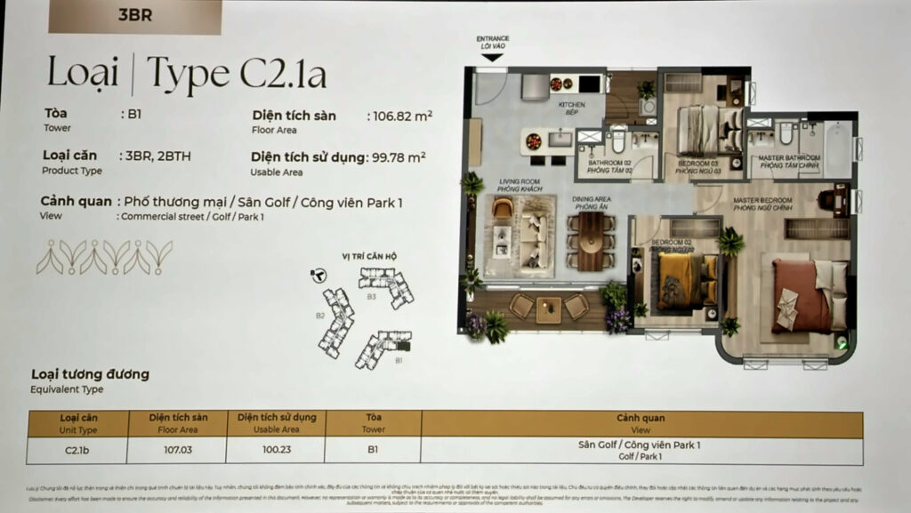 Layout căn 3PN Norton Park Type C2.1a tháp B1: sàn 106,82 m², sử dụng 99,78 m², hướng phố thương mại, sân golf, công viên 1 | Norton Park 3BR Type C2.1a, Tower B1: 106.82 m² floor, 99.78 m² usable, facing the retail street, golf course and Park 1