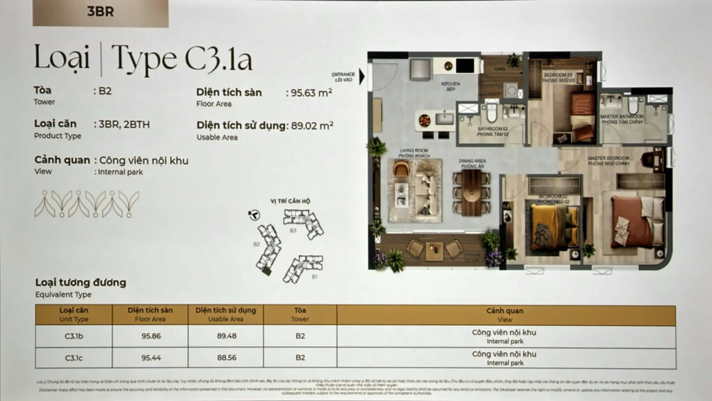 Layout căn 3PN Norton Park Type C3.1a tháp B2: sàn 95,63 m², sử dụng 89,02 m² | Norton Park 3BR Type C3.1a, Tower B2: 95.63 m² floor, 89.02 m² usable